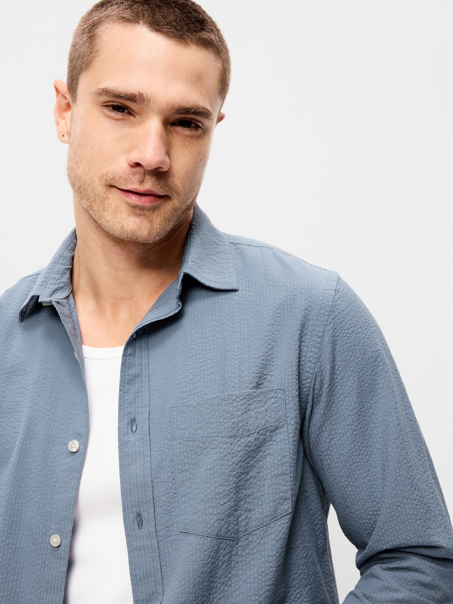 Мужская рубашка Old Navy Long-Sleeve Seersucker Pocket, цвет: Океанский — фото 3