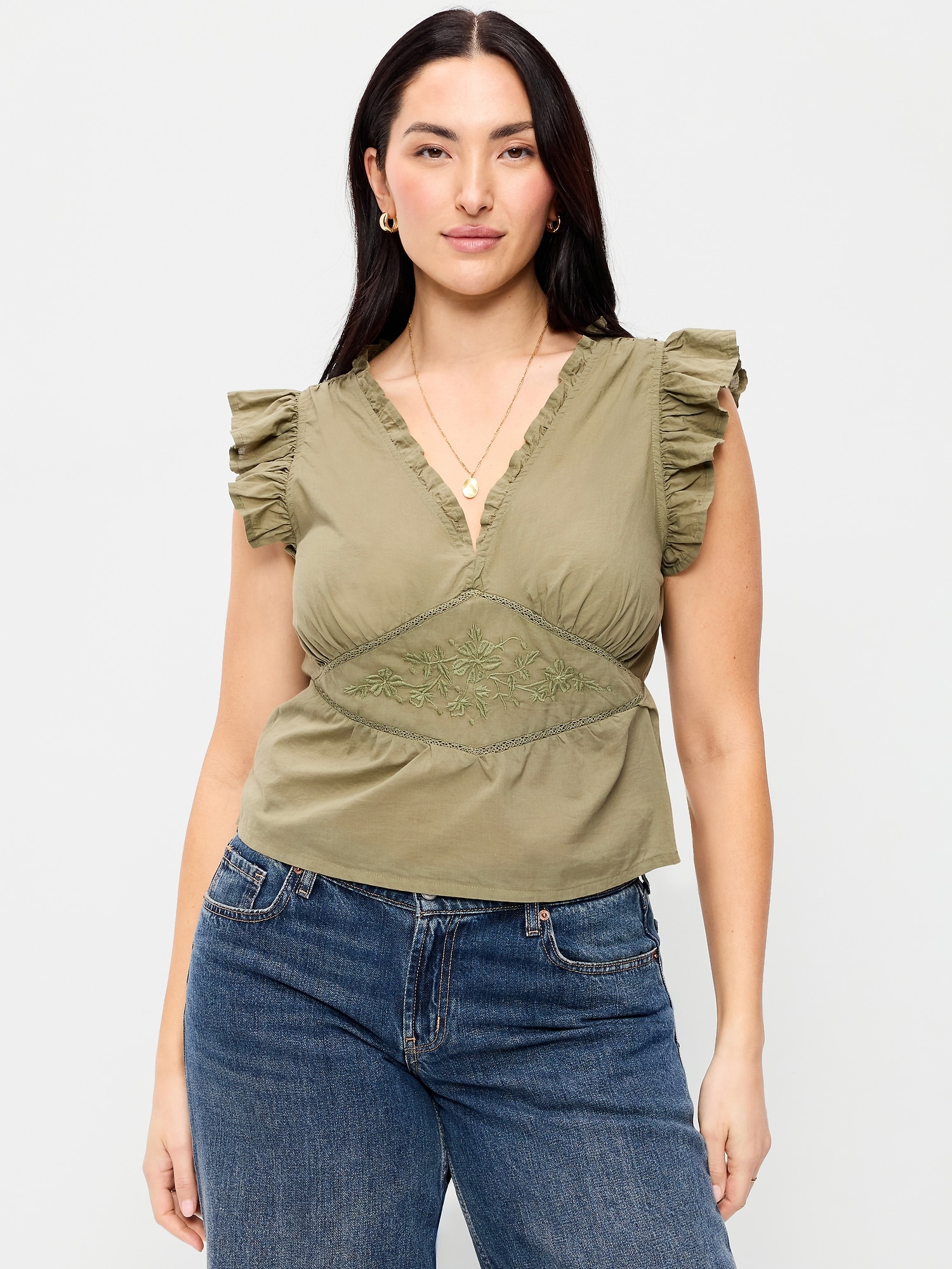 Flutter-Sleeve Emboirdered Top