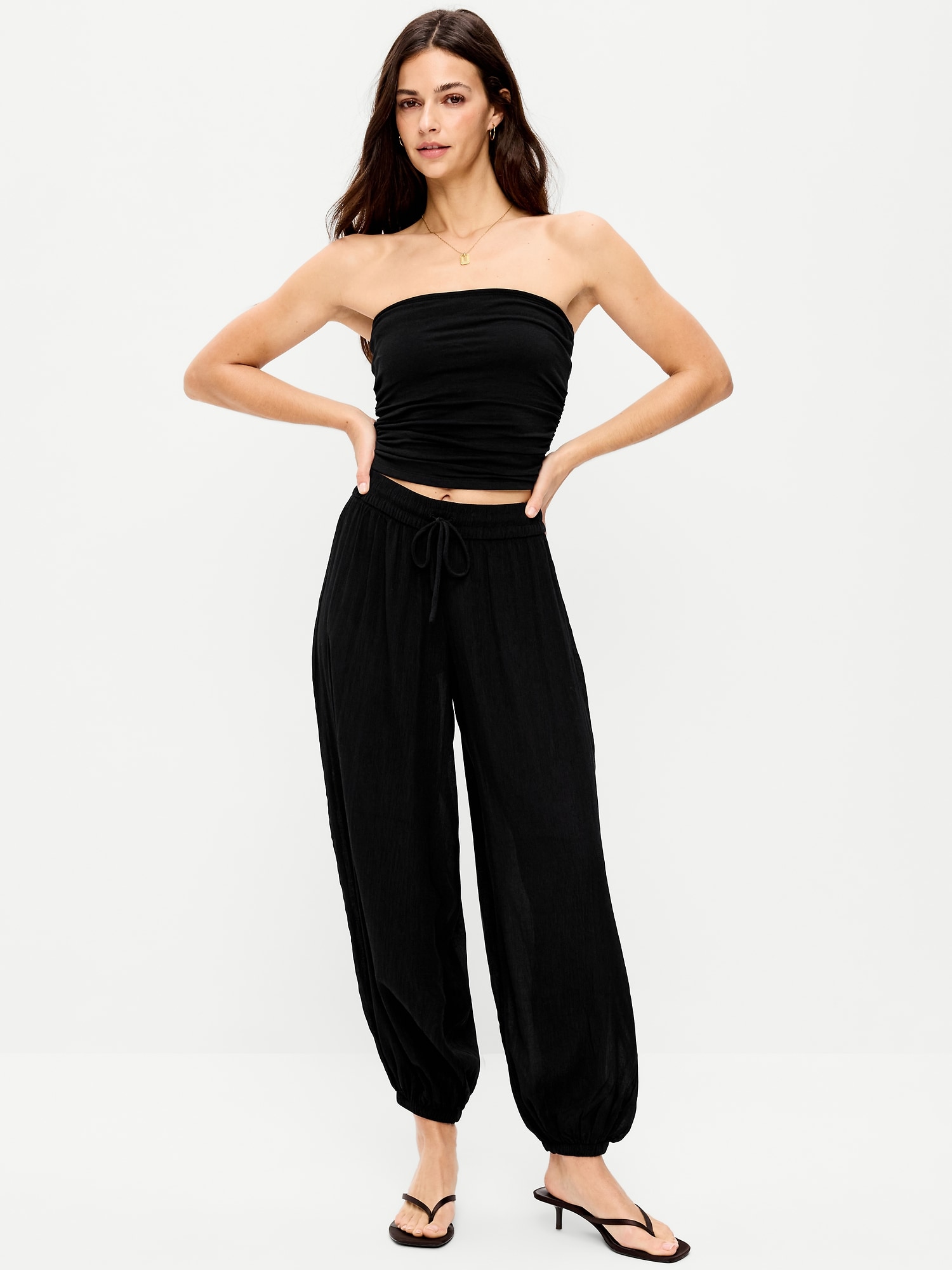 High-Waisted Sheer Crinkle Crepe Harem Pants