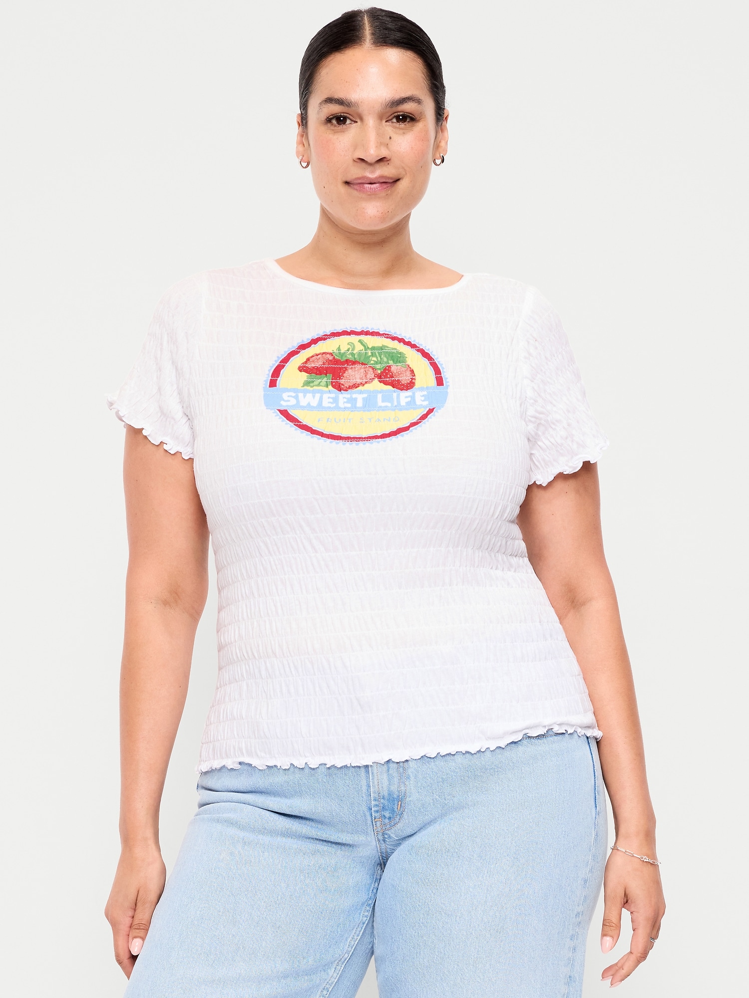 Slit-Neck Smocked Graphic Top