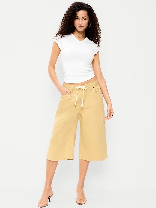 Image number 1 showing, Mid-Rise Baggy Drawstring Wide-Leg Culotte Pants
