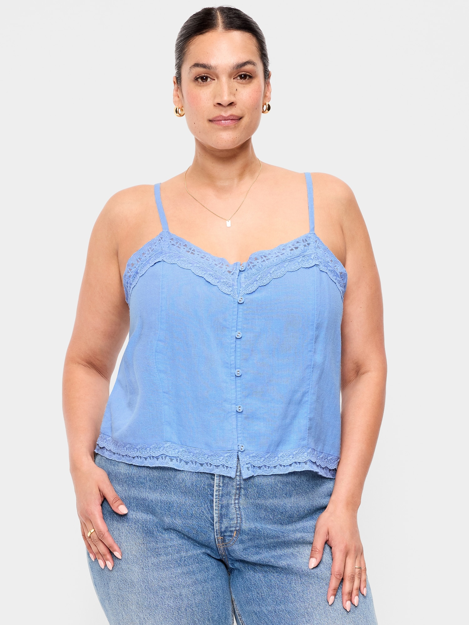 Lace-Trim Linen-Blend Cami Tank Top