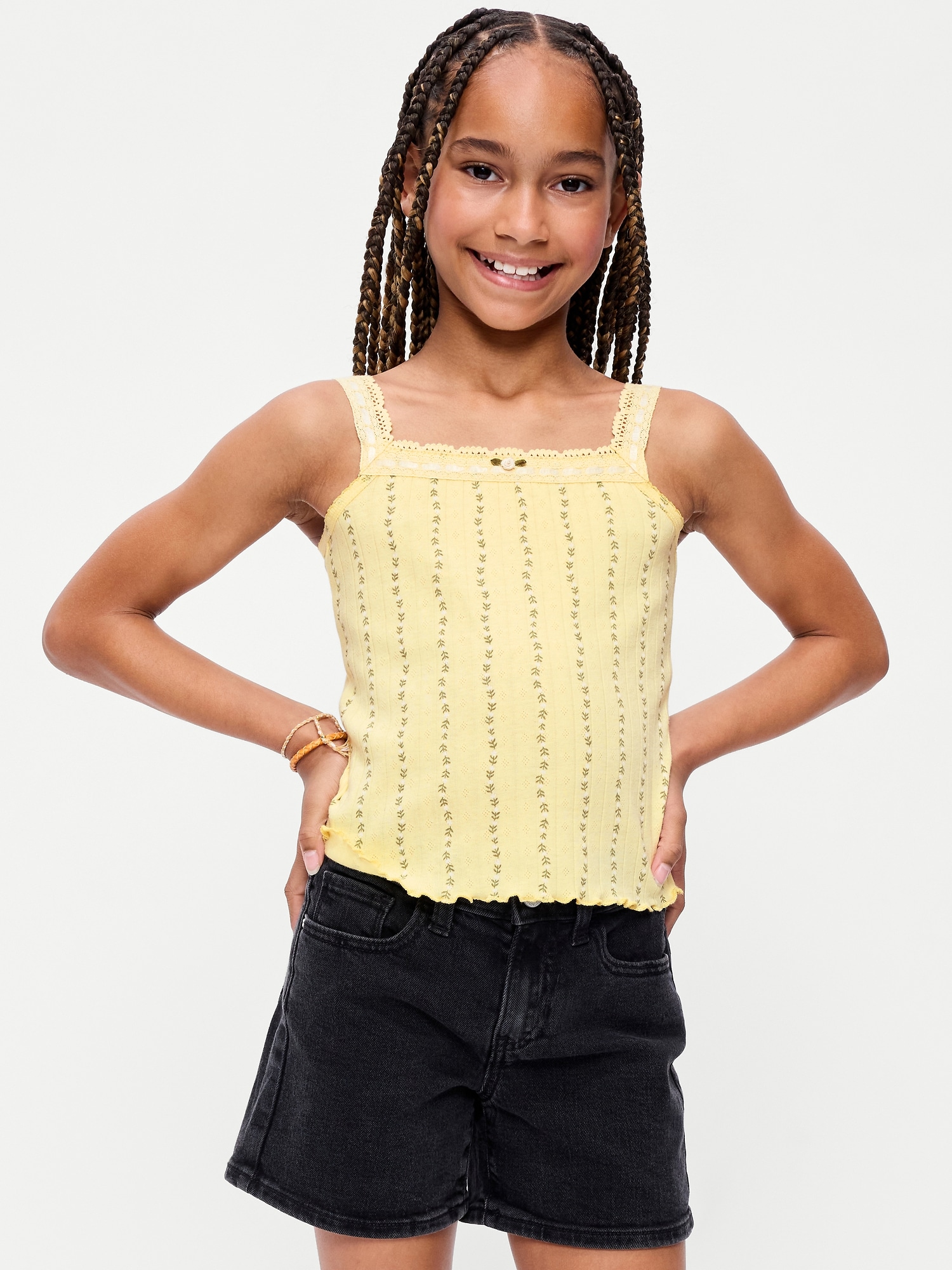 Fitted Lace-Trim Pointelle Tank Top for Girls
