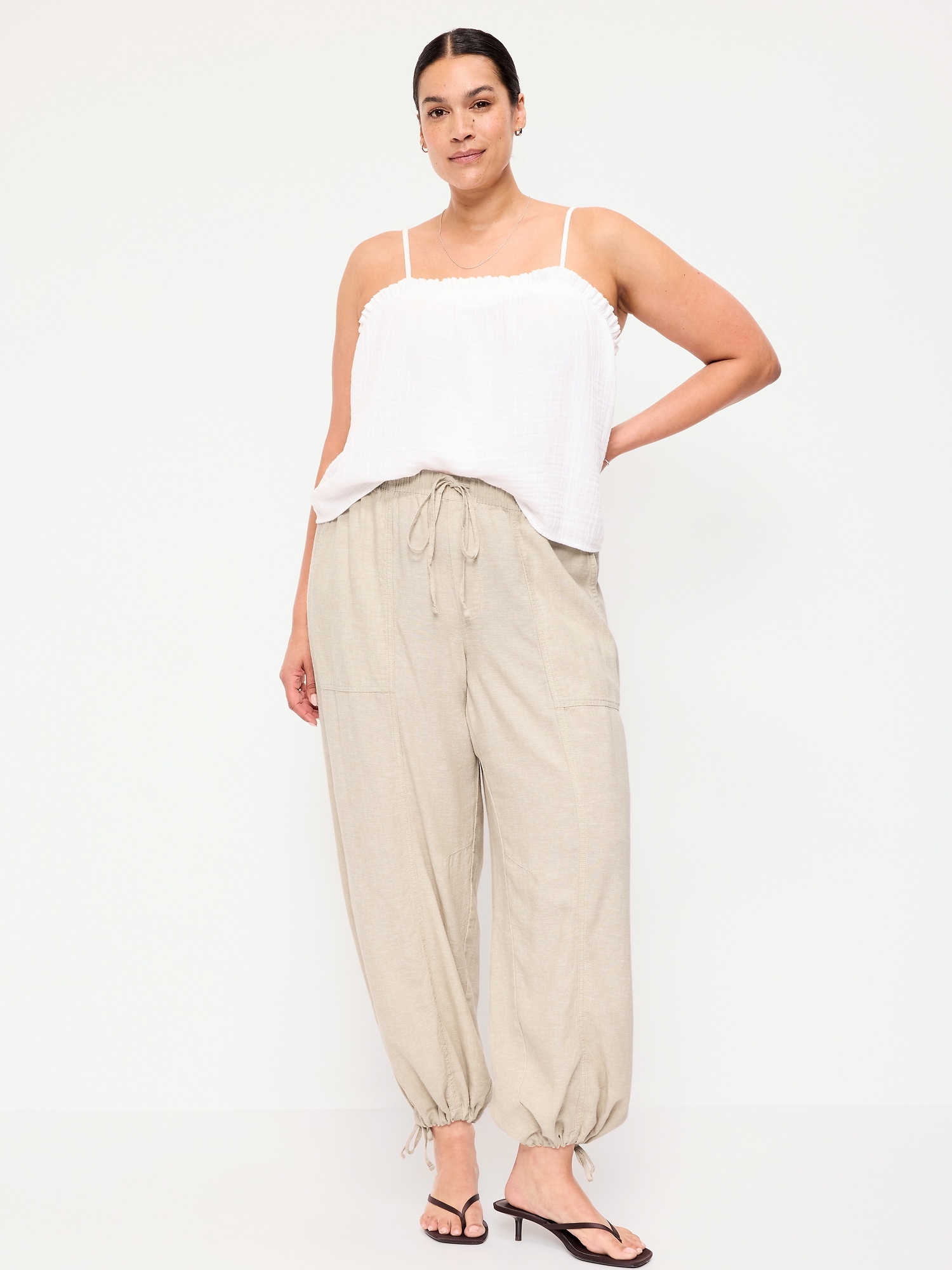 Mid-Rise Linen-Blend Cinched-Ankle Pants