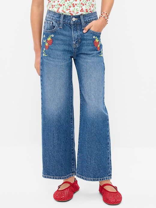 Image number 1 showing, High-Waisted Baggy Embroidered Wide-Leg Jeans for Girls
