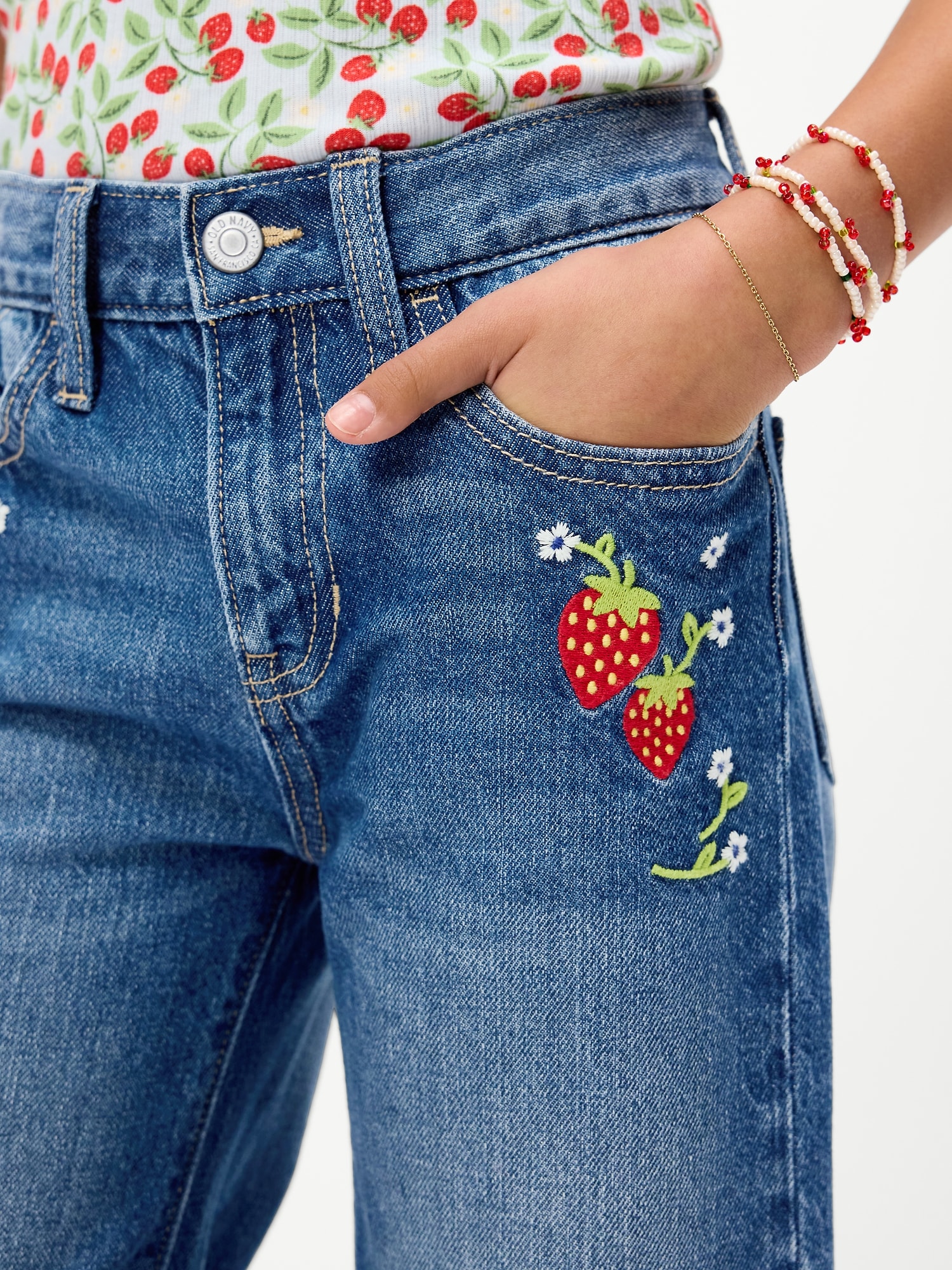 High-Waisted Baggy Embroidered Wide-Leg Jeans for Girls
