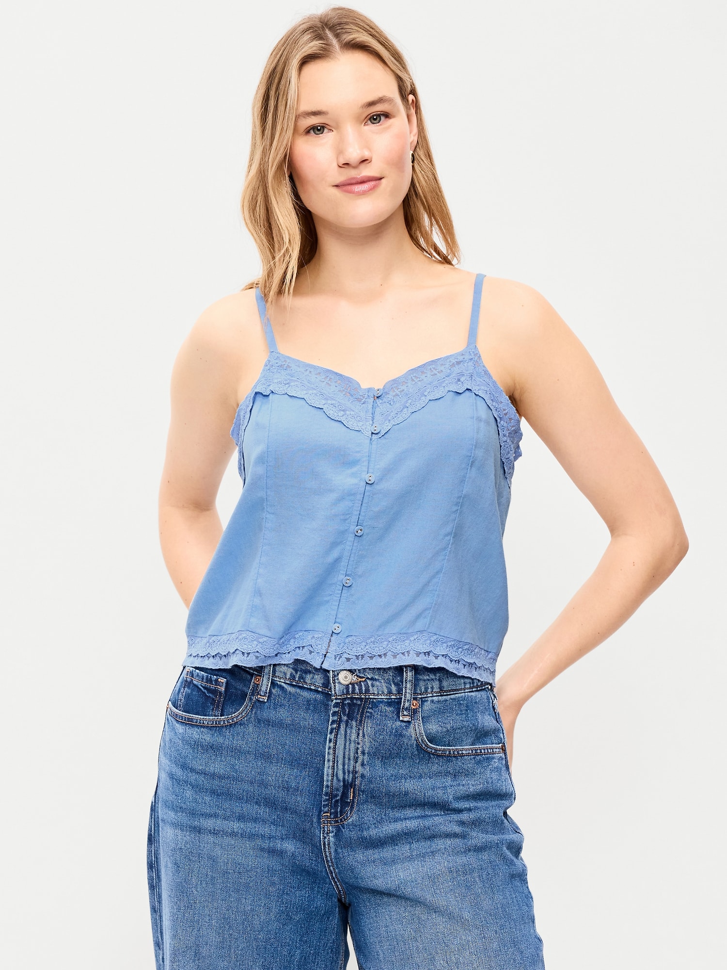 Lace-Trim Linen-Blend Cami Tank Top