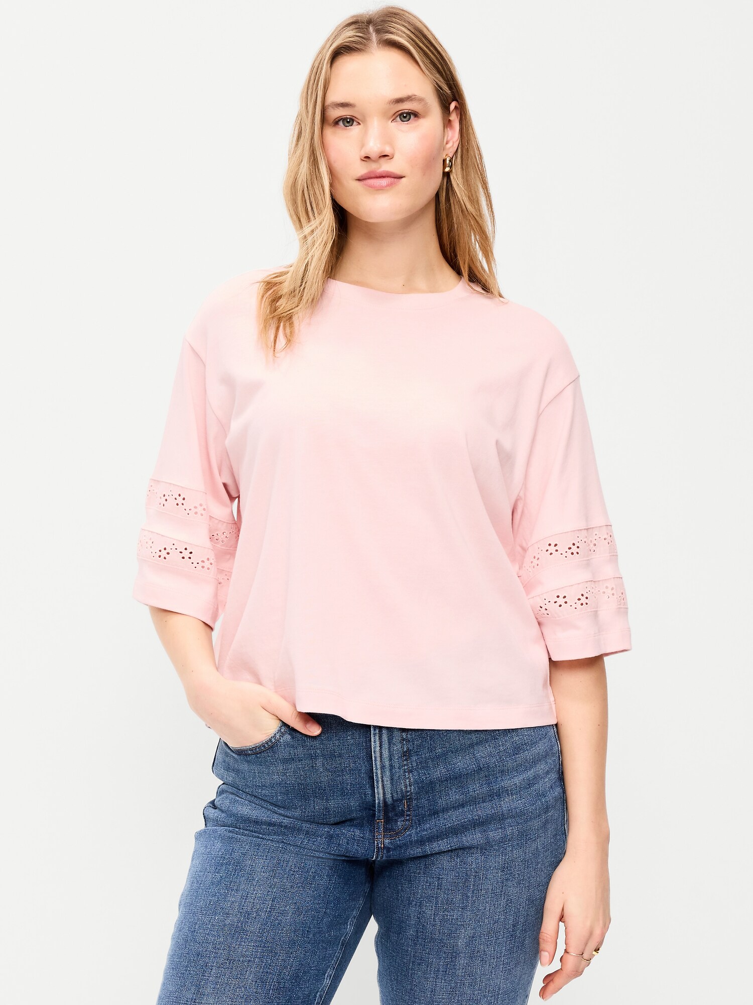 Женская футболка Old Navy Vintage Crew-Neck Cropped Lace-Trim, цвет: Пастельный розовый — фото 6