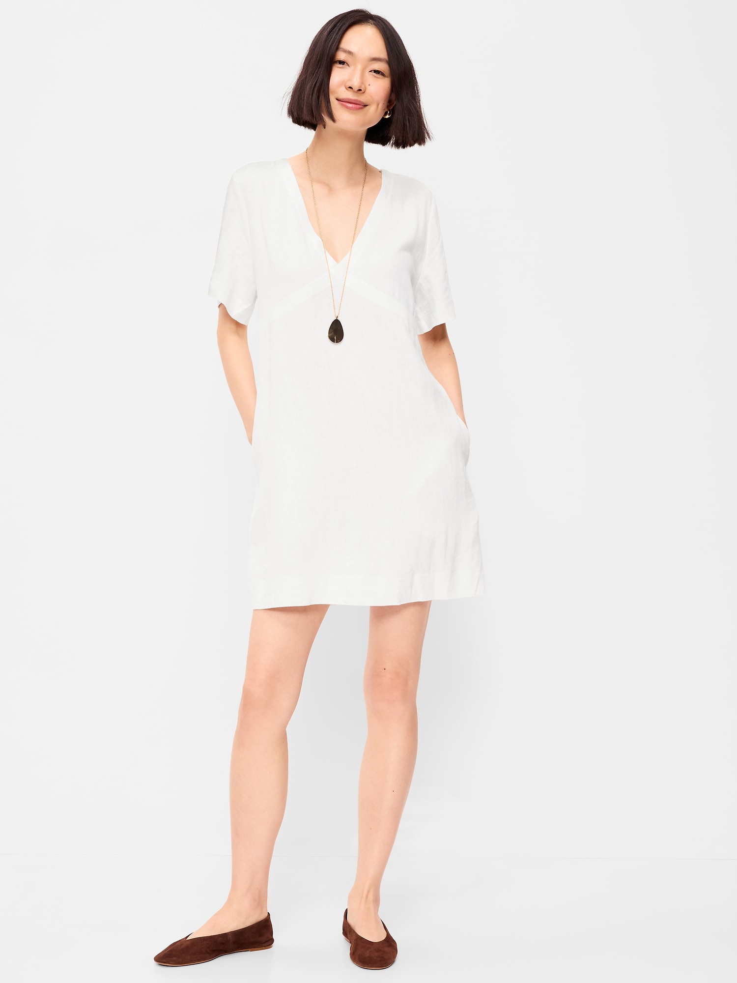 V-Neck Linen-Blend Mini Shift Dress