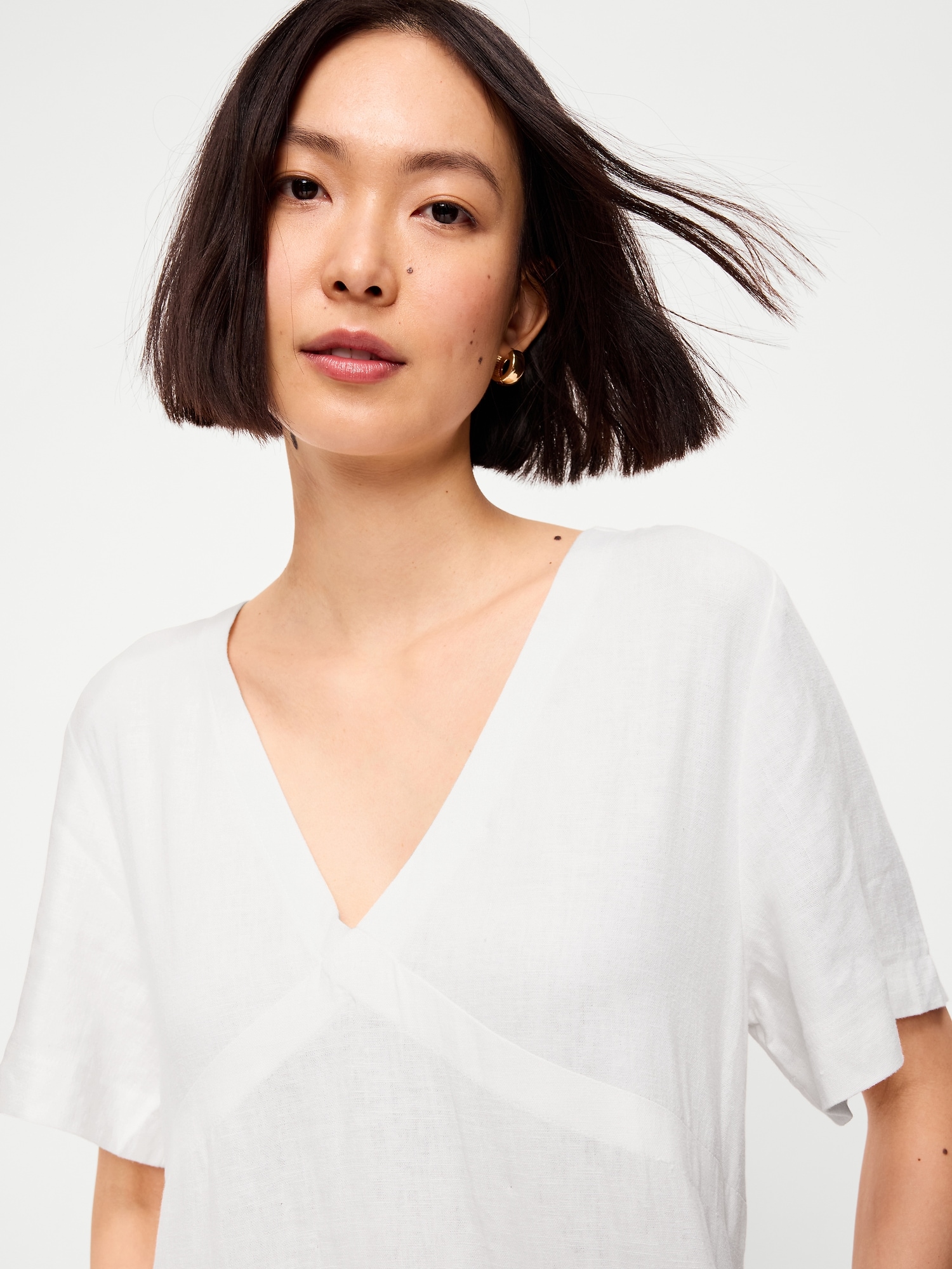 V-Neck Linen-Blend Mini Shift Dress