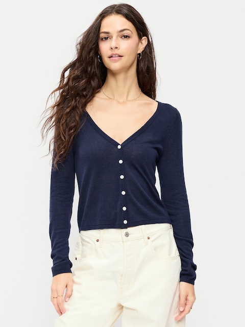 Merino Wool-Blend Sheer Cropped V-Neck Cardigan
