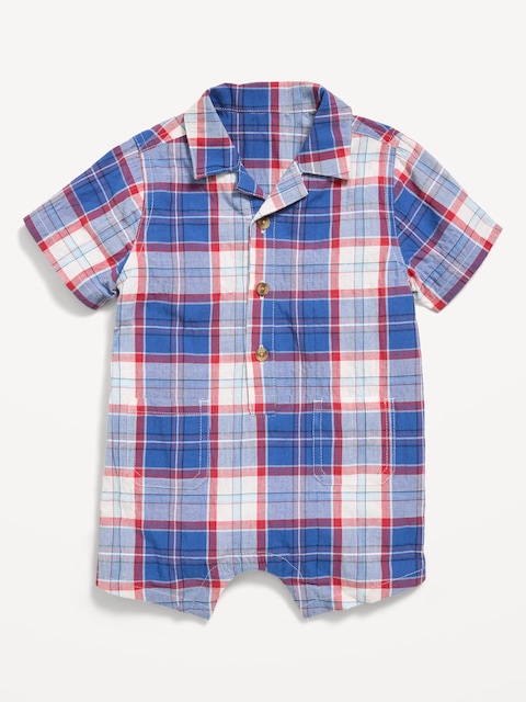 Collared Plaid One-Piece Romper for Baby