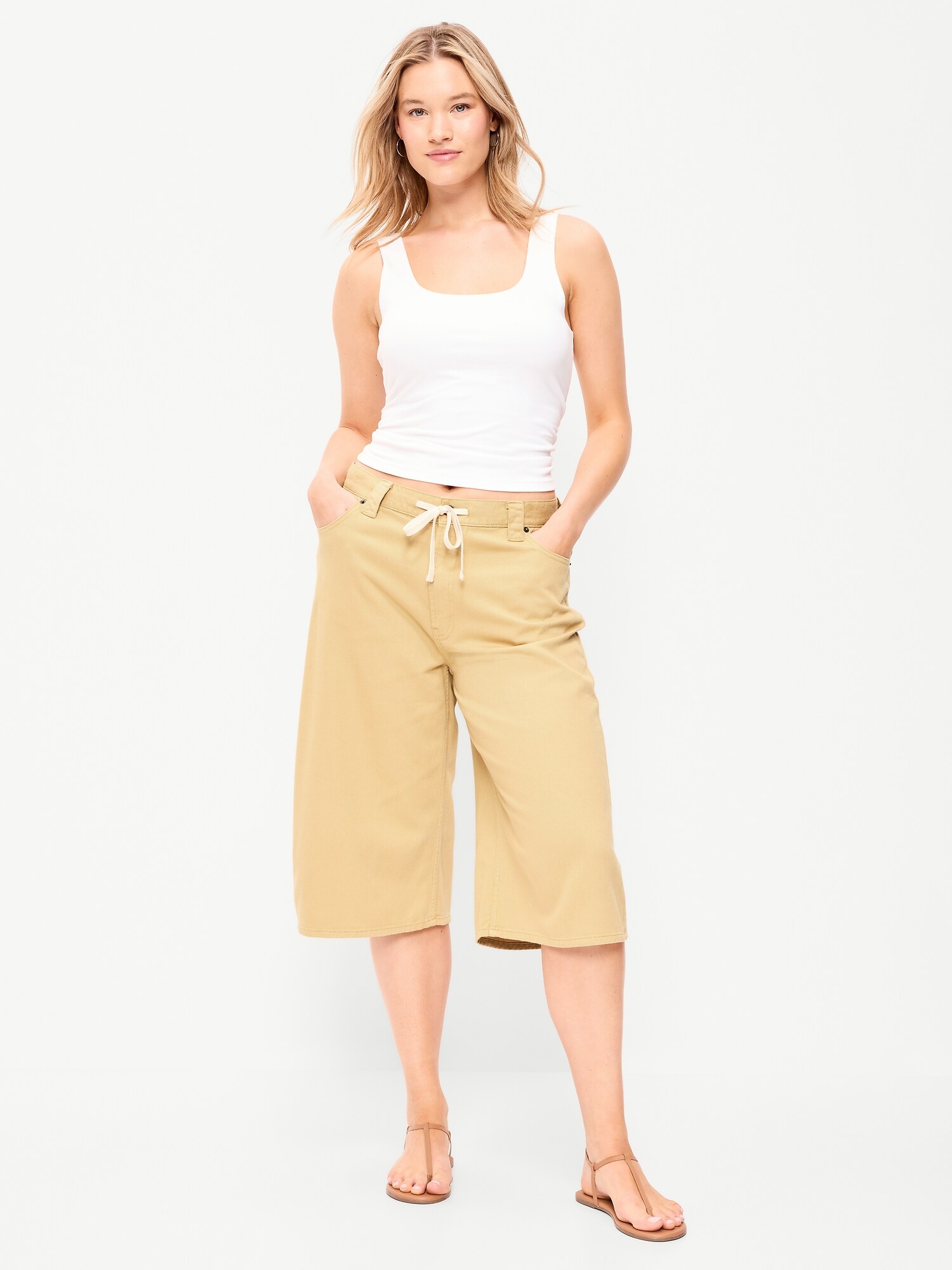 Женские брюки Old Navy Mid-Rise Baggy Drawstring Wide-Leg Culotte, цвет: Золотой пальмовый — фото 5