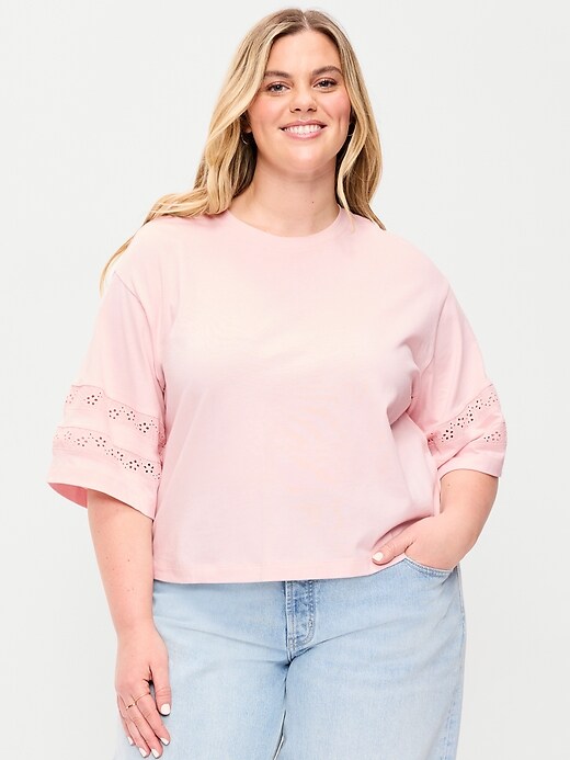 Image number 8 showing, Vintage Crew-Neck Cropped Lace-Trim T-Shirt