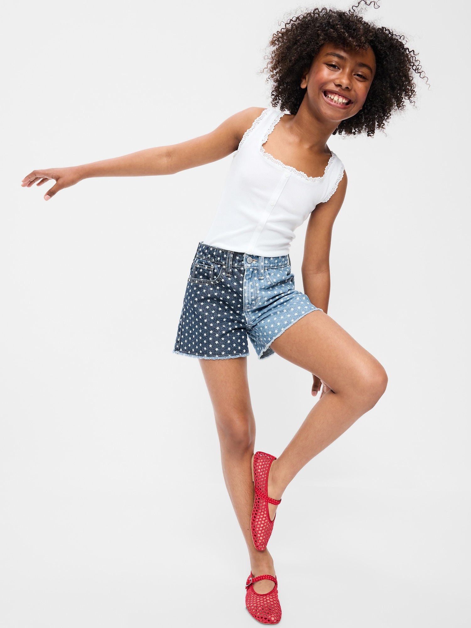High-Waisted Two-Tone Frayed-Hem Jean Shorts for Girls