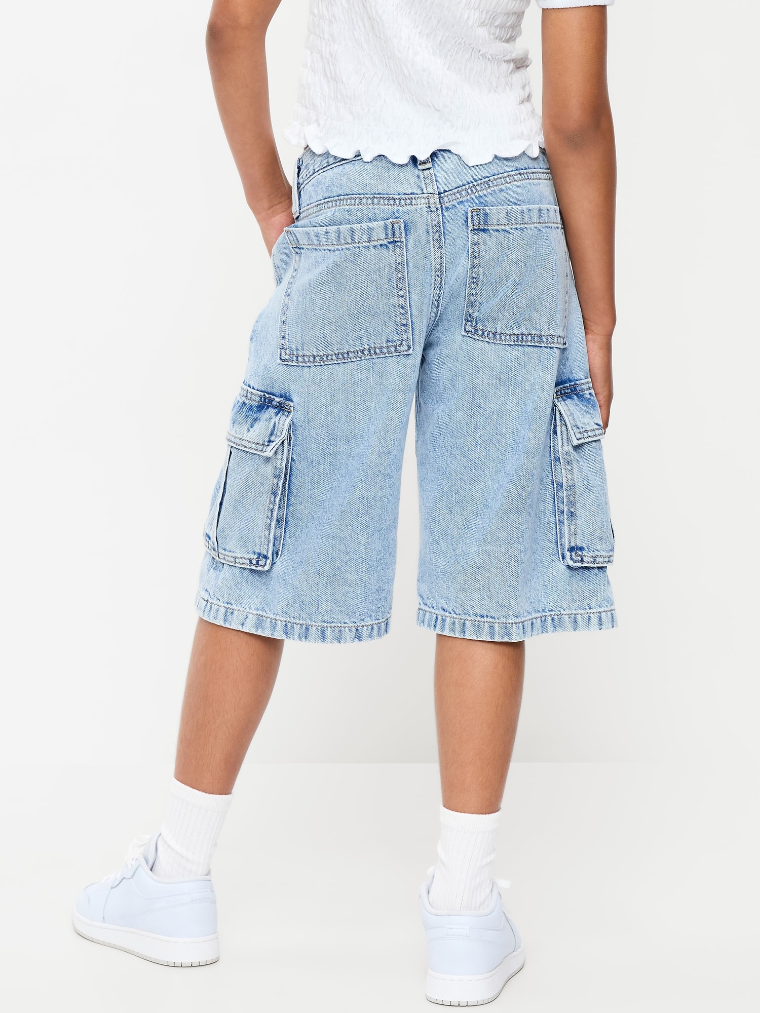 Mid-Rise Ultra Baggy Cargo Jean Shorts for Girls