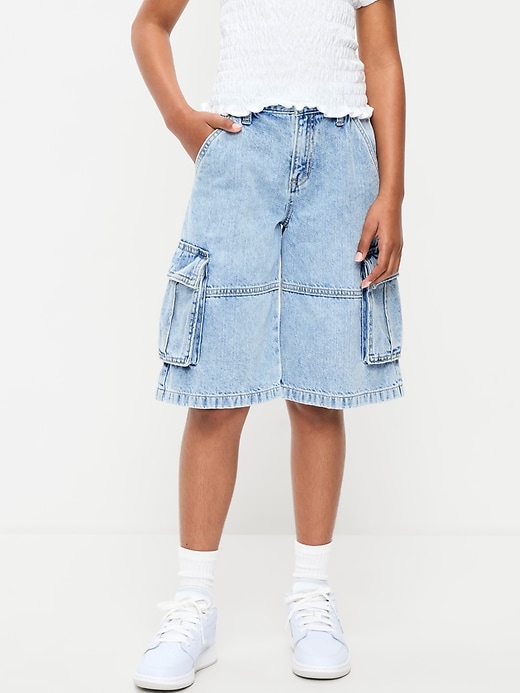 Image number 1 showing, Mid-Rise Ultra Baggy Cargo Jean Shorts for Girls