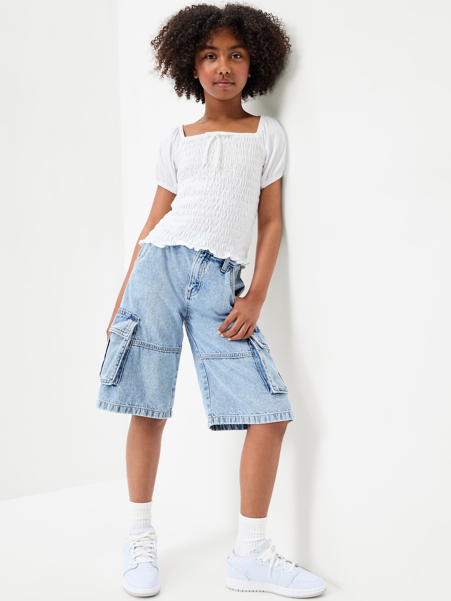 Mid-Rise Ultra Baggy Cargo Jean Shorts for Girls
