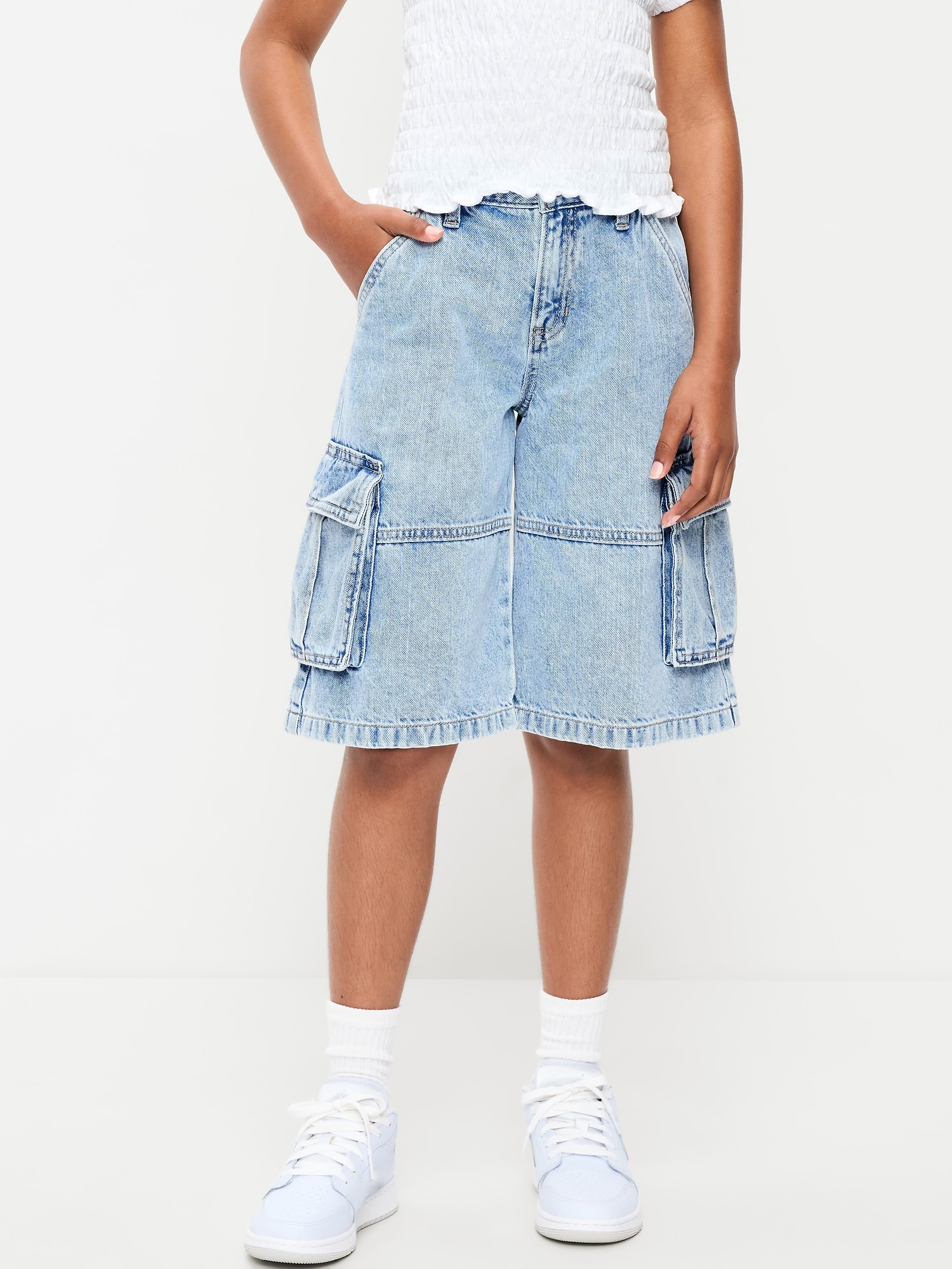 Mid-Rise Ultra Baggy Cargo Jean Shorts for Girls