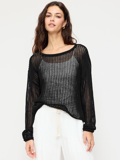Seaside Cotton Open-Stitch Cropped Sweater