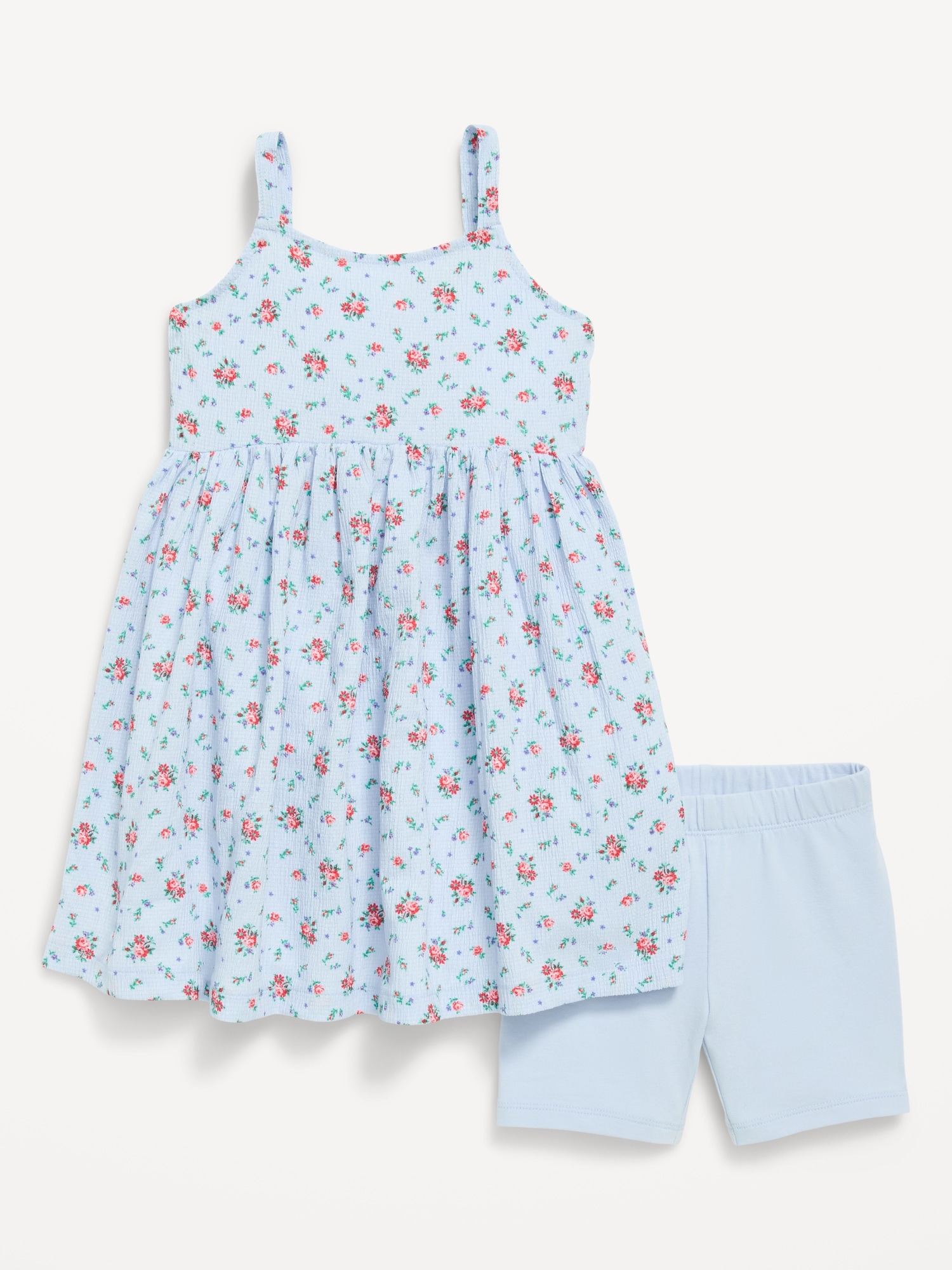 Printed Sleeveless Crinkled Dress and Biker Shorts Set for Toddler Girls