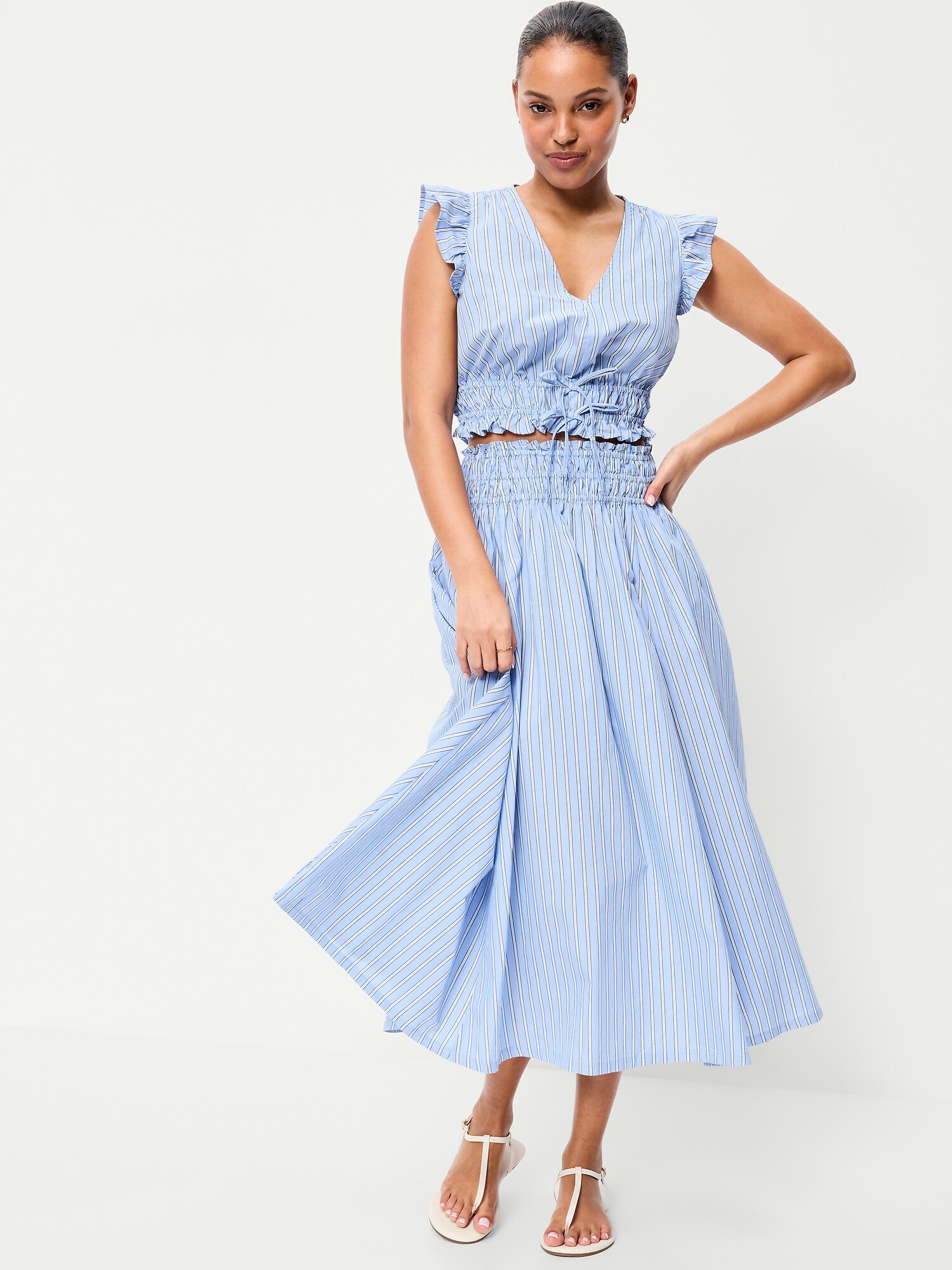 Женский топ Old Navy Flutter-Sleeve Poplin Top, цвет: Белый / Синий — фото 3