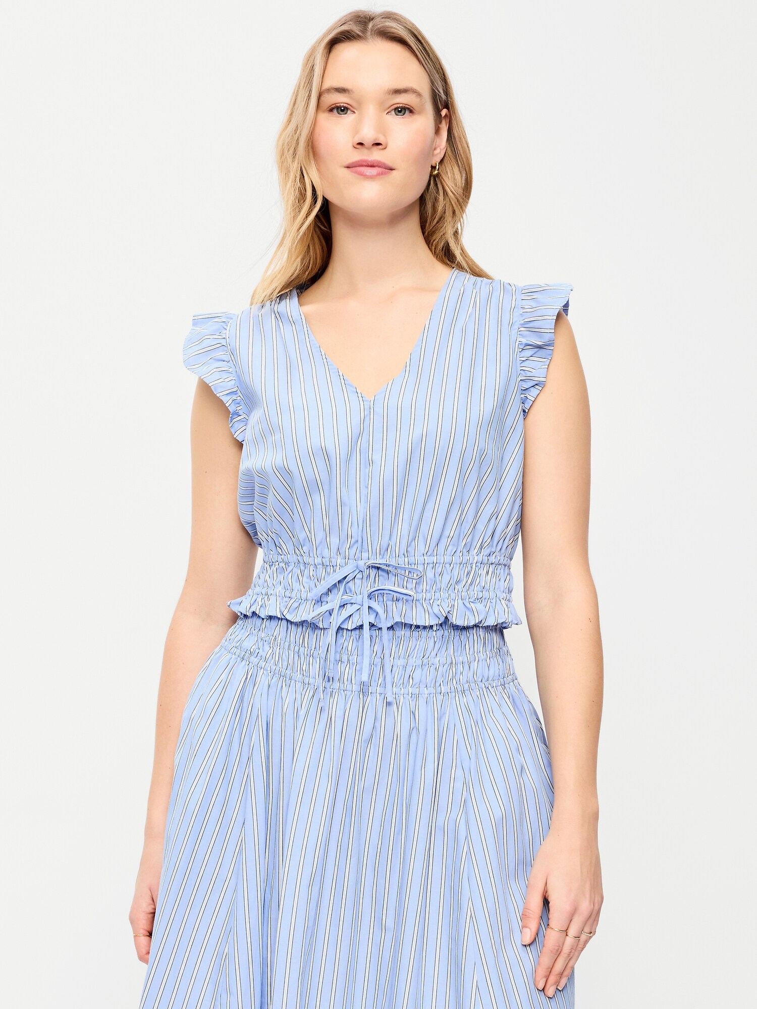 Женский топ Old Navy Flutter-Sleeve Poplin Top, цвет: Белый / Синий — фото 5