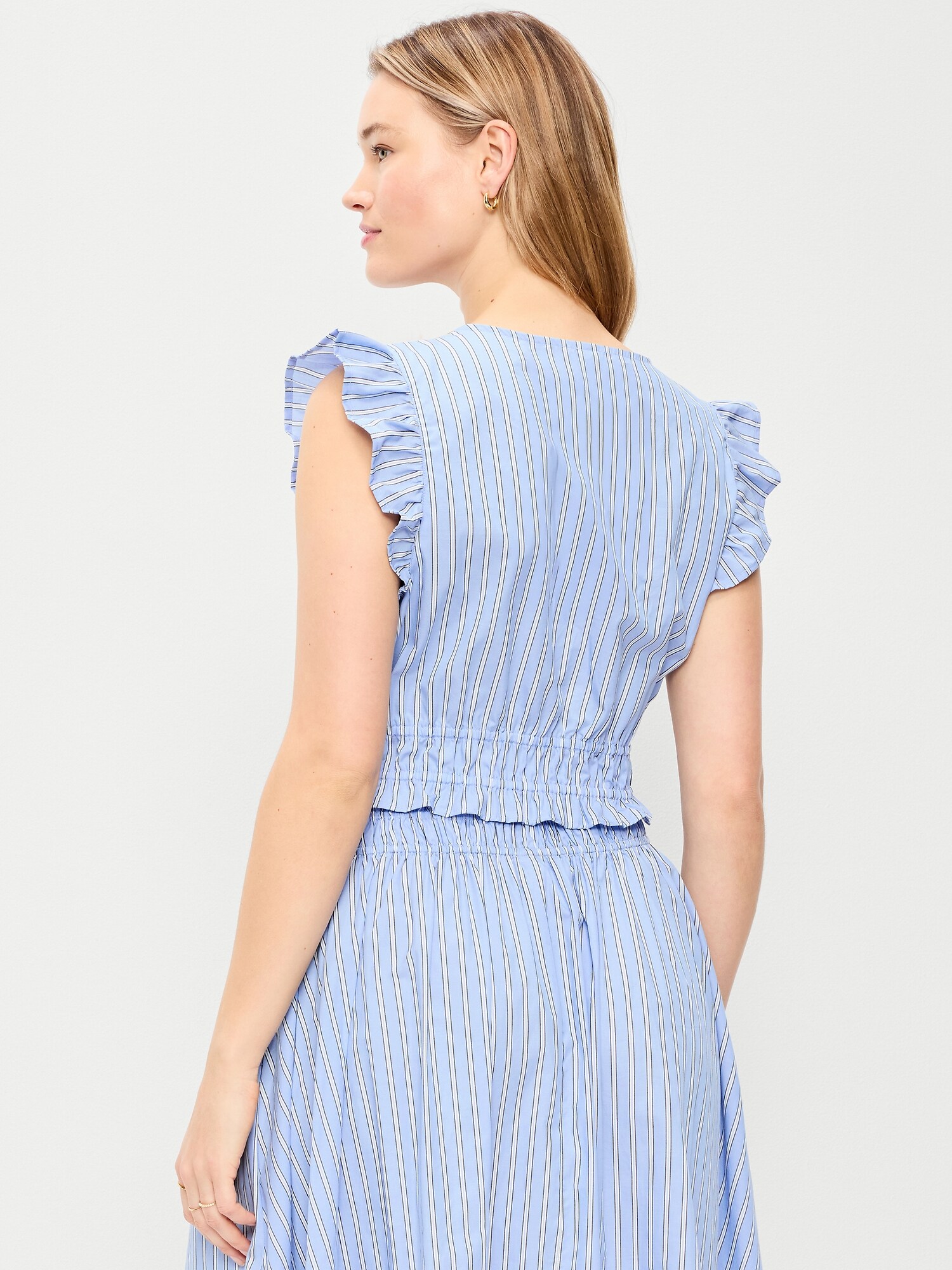 Женский топ Old Navy Flutter-Sleeve Poplin Top, цвет: Белый / Синий — фото 6