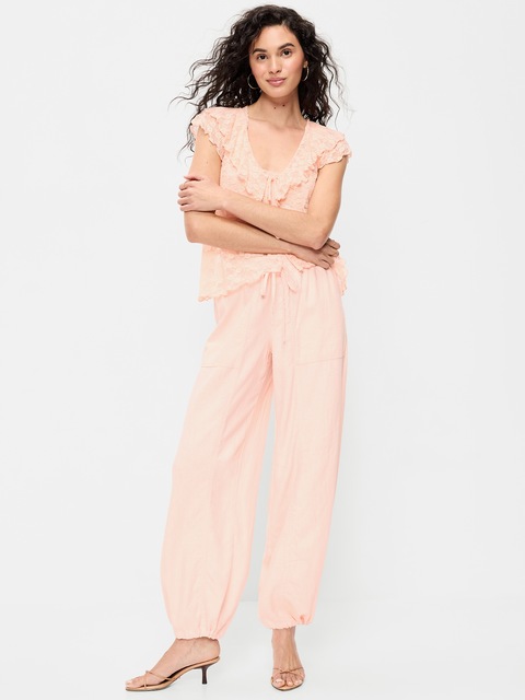 Mid-Rise Linen-Blend Cinched-Ankle Pants