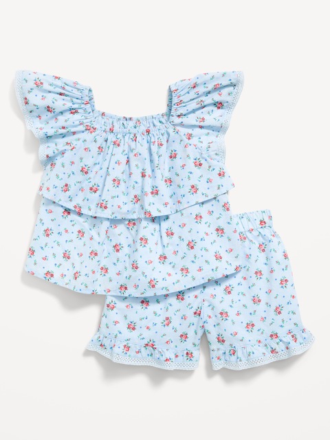 Printed Short-Sleeve Ruffled Top and Shorts Set for Toddler Girls