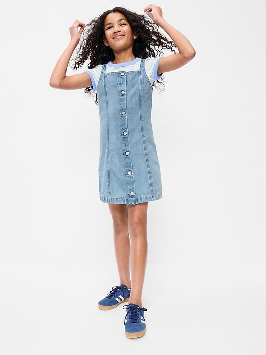 Image number 1 showing, Sleeveless Fit and Flare Button-Front Jean Dress for Girls