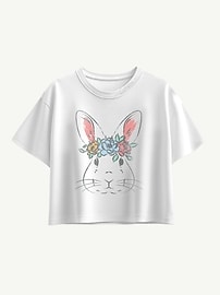 Image number 1 showing, Easter Bunny Face Short Sleeve Boxy Graphic T-Shirt For Girls