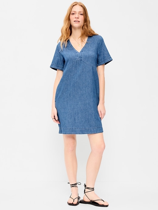 Image number 1 showing, Short-Sleeve Denim Mini Shift Dress