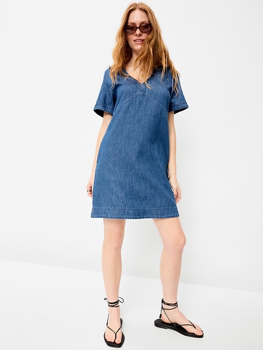 Image number 3 showing, Short-Sleeve Denim Mini Shift Dress