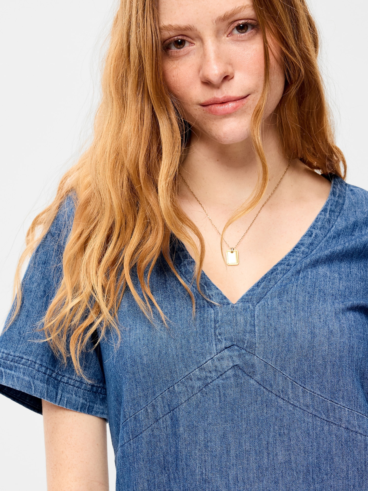 Short-Sleeve Denim Mini Shift Dress