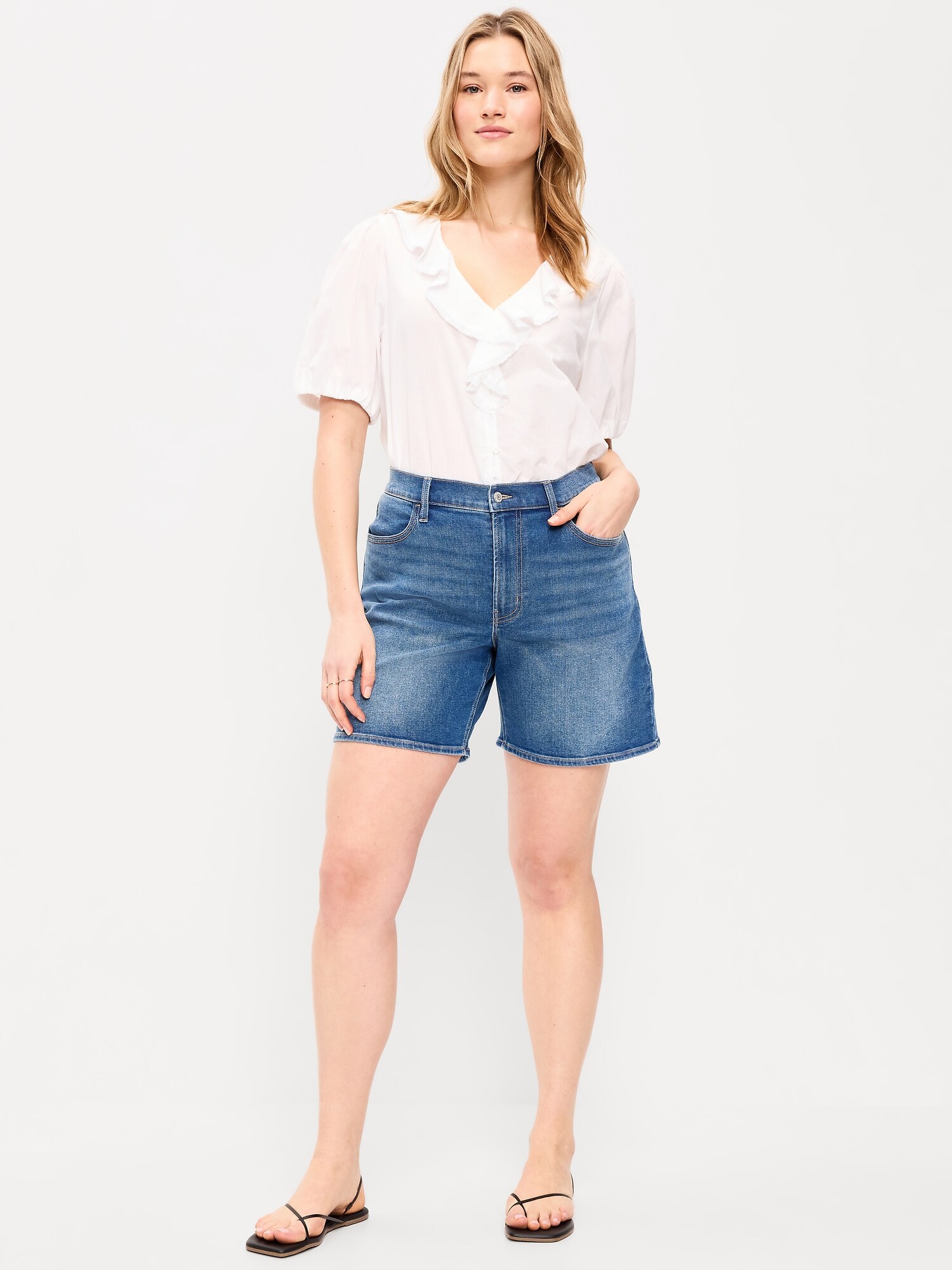 Женские шорты Old Navy High-Waisted Wow Jean Shorts -- 7-inch inseam, цвет: New Moon — фото 5