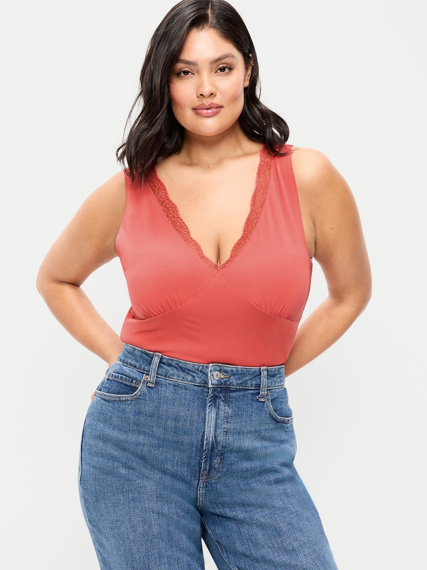 Sleeveless Lace-Trim V-Neck Top