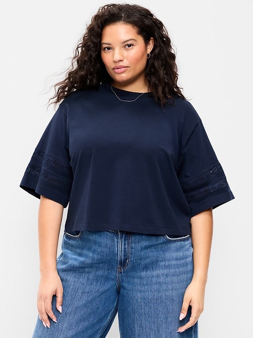 Image number 8 showing, Vintage Crew-Neck Cropped Lace-Trim T-Shirt