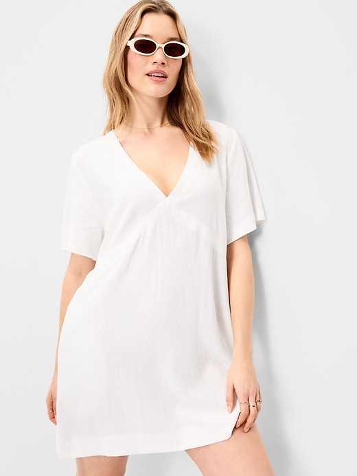 Image number 3 showing, V-Neck Linen-Blend Mini Shift Dress