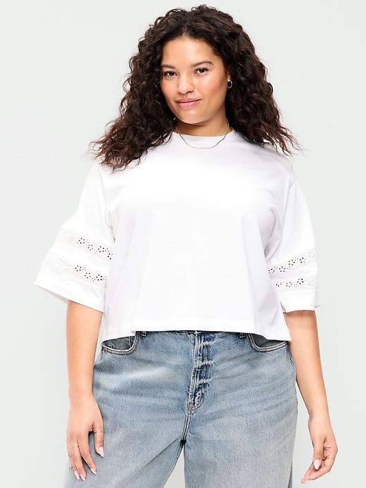 Image number 8 showing, Vintage Crew-Neck Cropped Lace-Trim T-Shirt