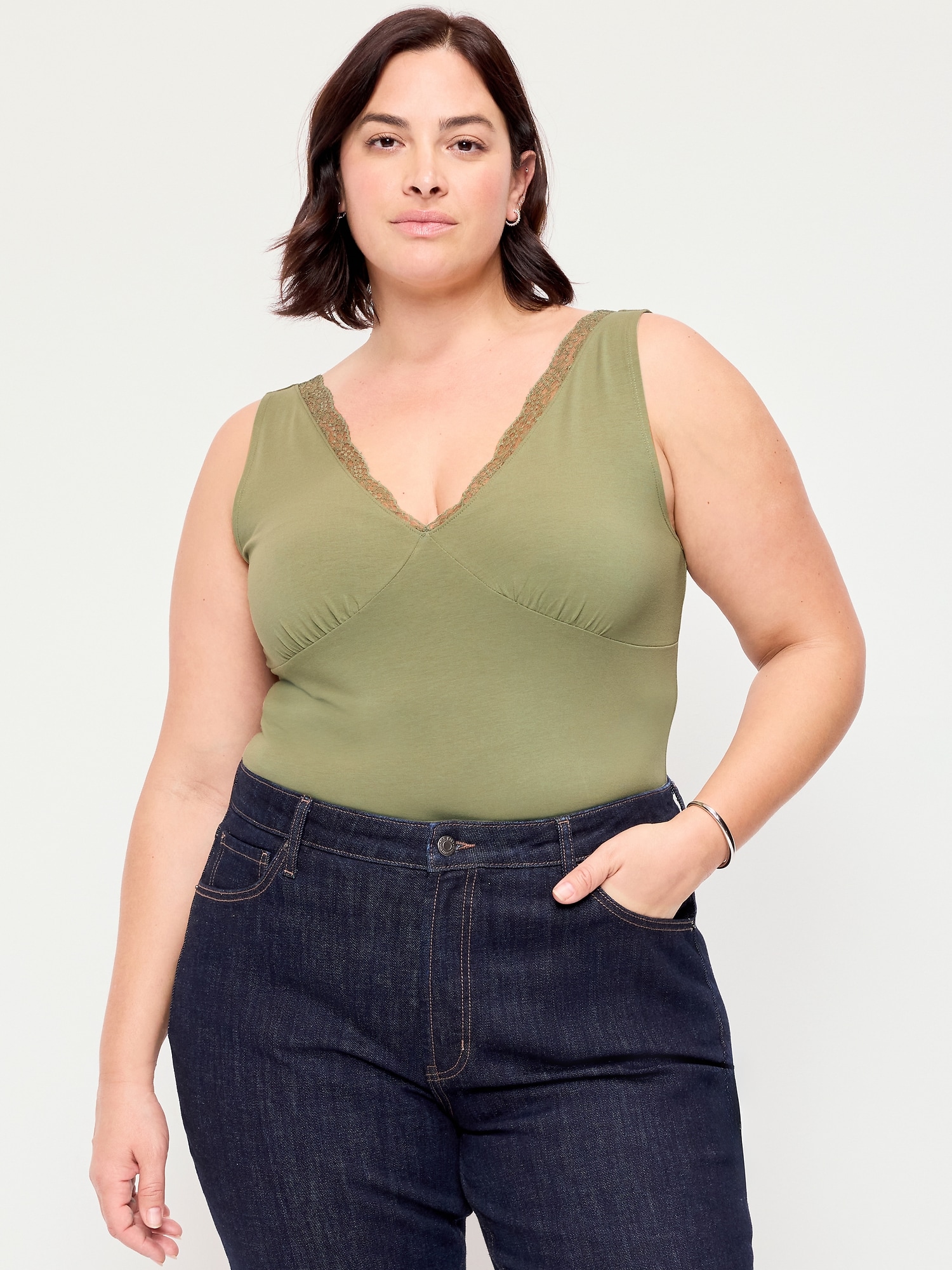 Sleeveless Lace-Trim V-Neck Ribbed Top