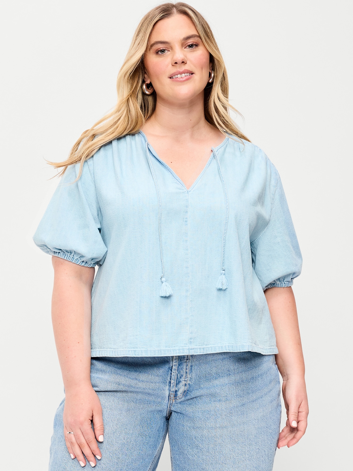 Short-Sleeve Beaded Denim Top