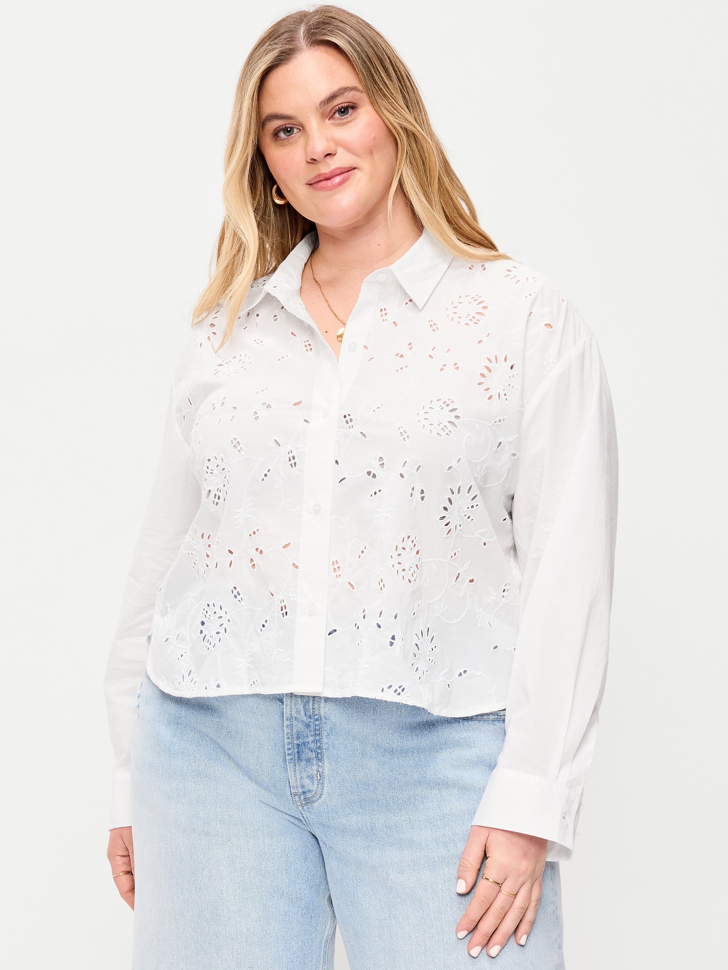 Cropped Eyelet Button-Down Shirt