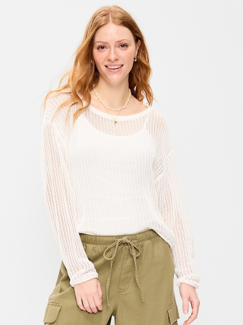 Seaside Cotton Open-Stitch Cropped Sweater