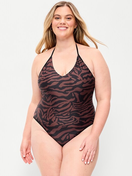 Image number 7 showing, Pique V-Neck Halter Swimsuit
