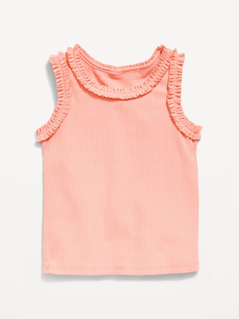 Printed Sleeveless Ruffle-Trim Ribbed Top for Toddler Girls