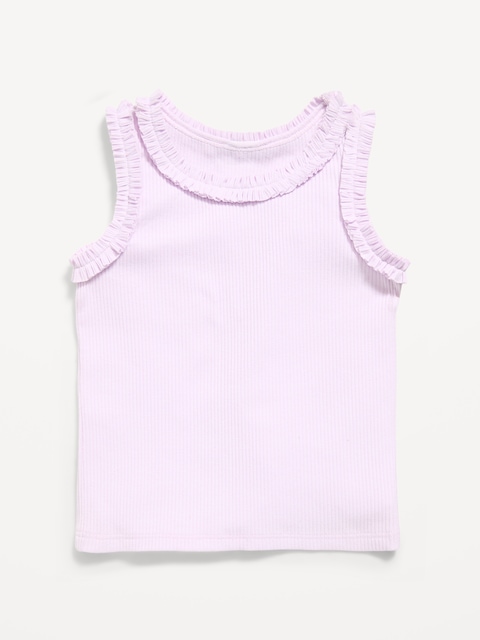 Printed Sleeveless Ruffle-Trim Ribbed Top for Toddler Girls