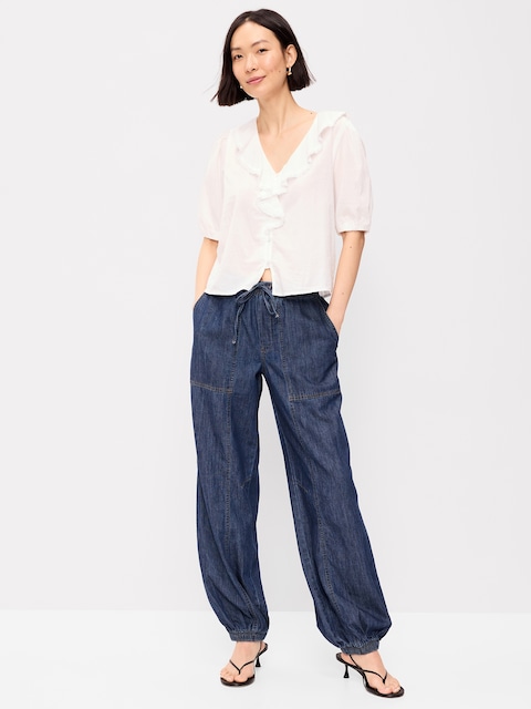 Mid-Rise Pull-On Utility Harem Denim Pants