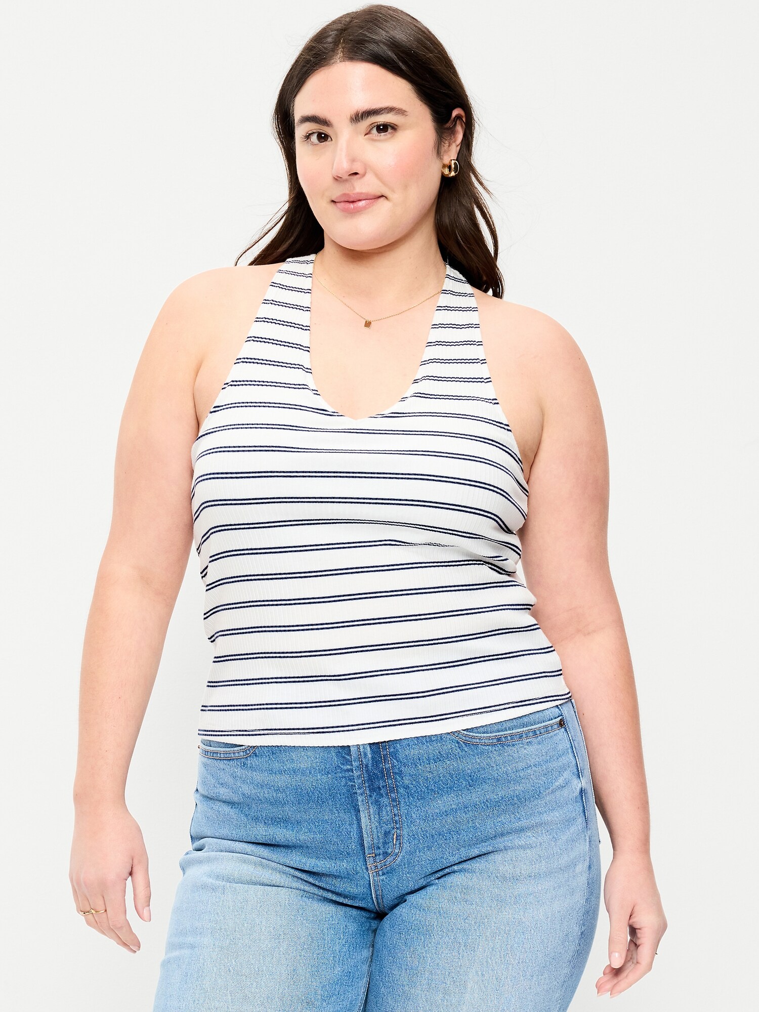Женский топ Old Navy Ribbed Loop-Back Halter Top, цвет: Тёмно-синий полосатый — фото 4