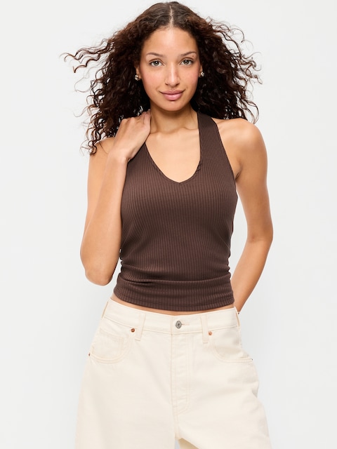 Ribbed Loop-Back Halter Top